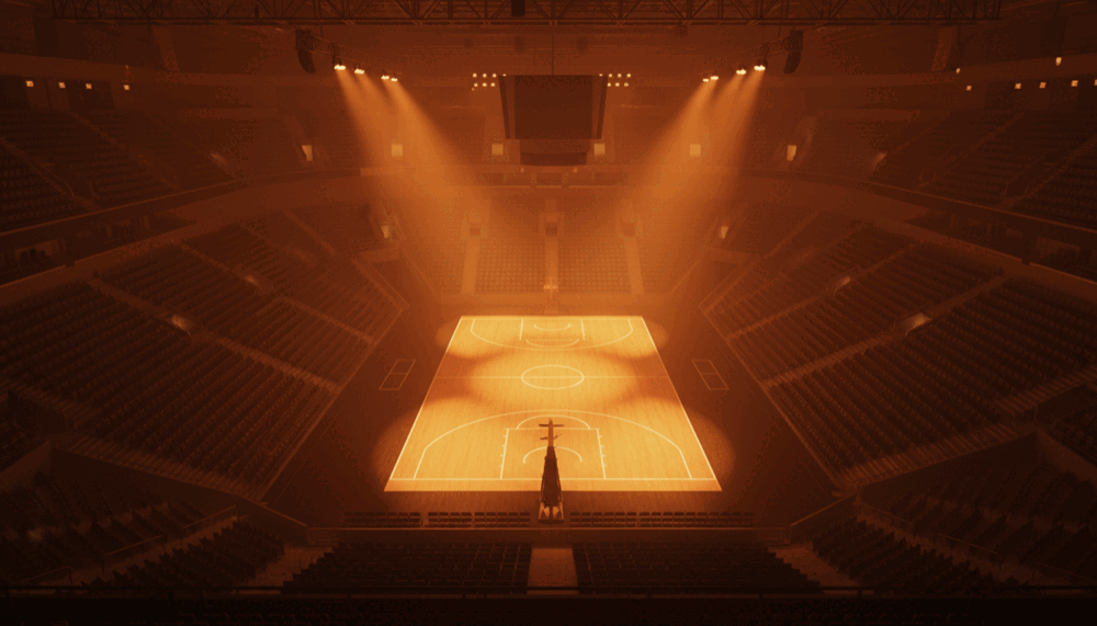 Illustration of a basketball arena with a glowing court