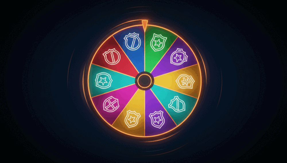 Illustration of a spinning wheel of basketball team crests