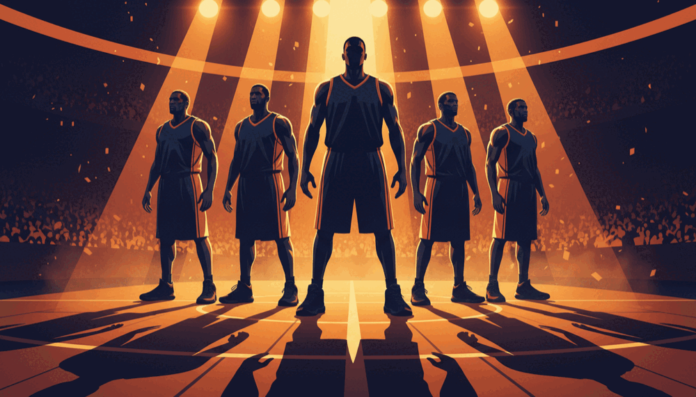 Illustration of five silhouetted basketball players in a starting lineup